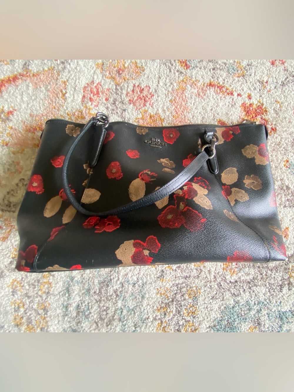 Coach Black Tote with Red and Tan Floral Print